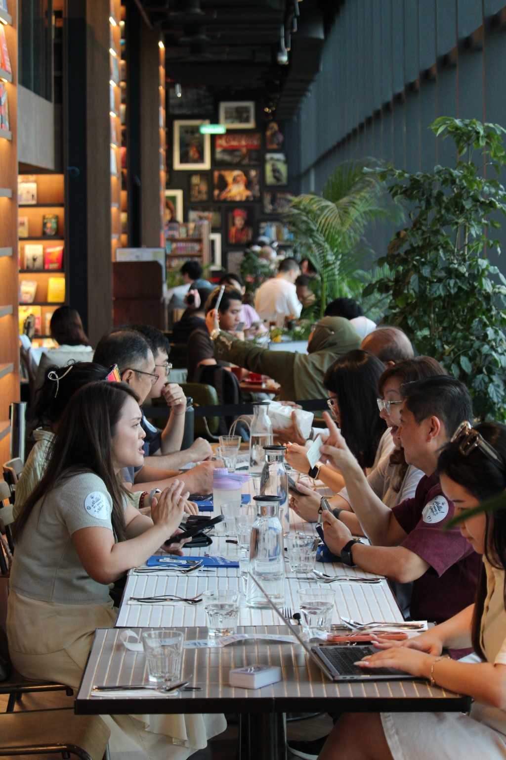 Business owners in a focused networking conversation